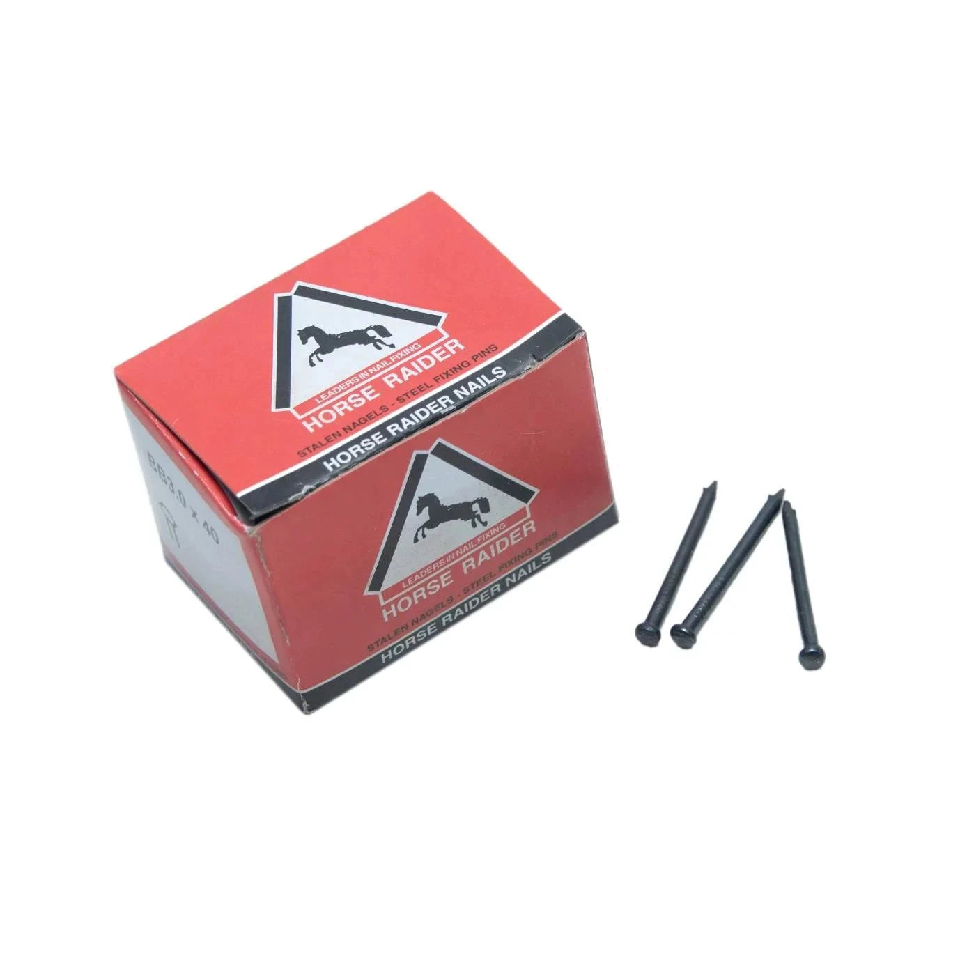 Steel Nail Horse Raider product image featuring a box of Horse Raider nails and three individual nails, highlighting the durable construction for equine hoof care.