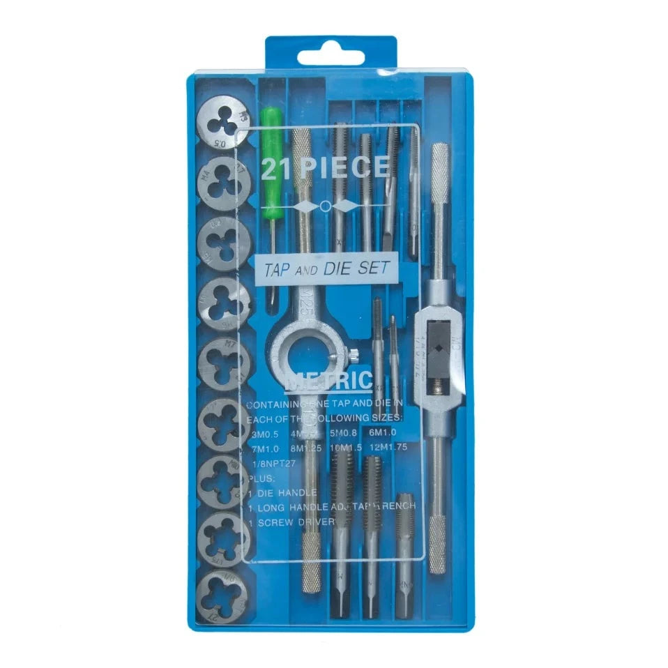21-piece Tap and Dies Set displayed in a blue storage case, featuring a variety of taps and dies suitable for creating precise screw threads in metalworking projects.