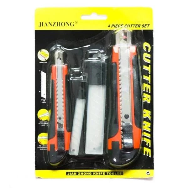 Knife & Blade 4 Pcs Set displayed in packaging, featuring a selection of utility knives with ergonomic handles for comfortable grip, ideal for various kitchen tasks.