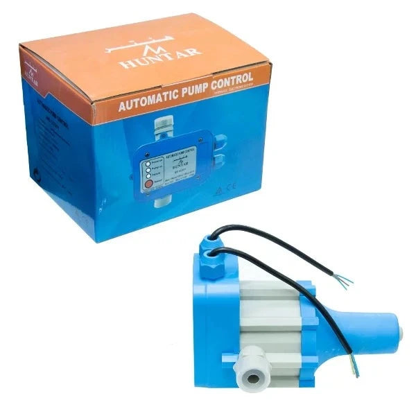 Huntar Water Pump Automatic MS53561 featuring a blue and white design, with a control box and connection wires, ideal for efficient water flow management.