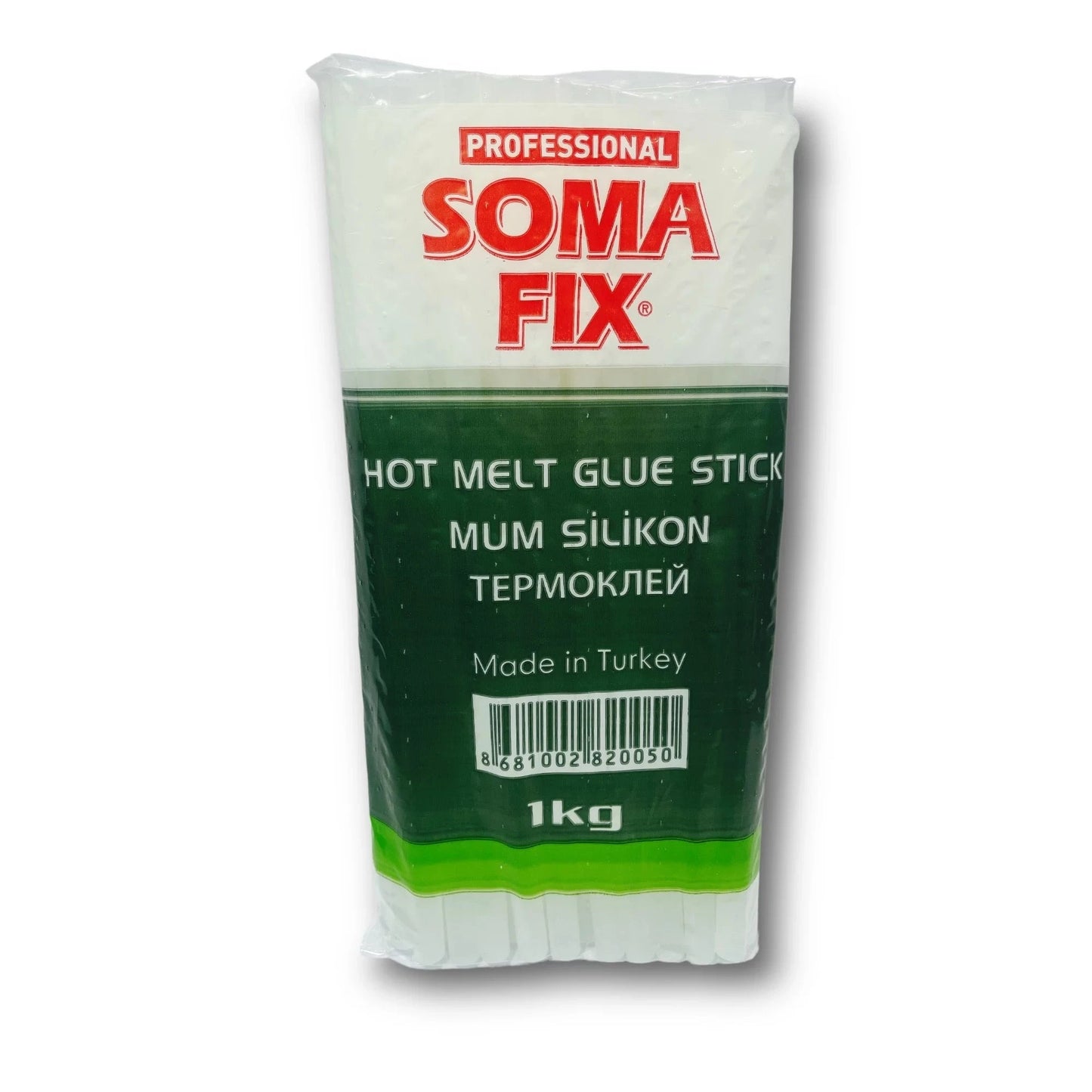 Glue Stick 1kg Bag Somafix, featuring professional-grade hot melt glue sticks, suitable for various crafting and repair projects, made in Turkey.