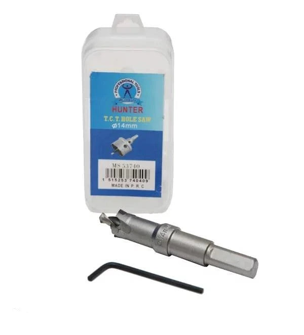 Hole Saw TCT SS Huntar in packaging with hex key included, designed for precise cutting in wood, metal, and plastic, showcasing its durable Tungsten Carbide Tipped technology.