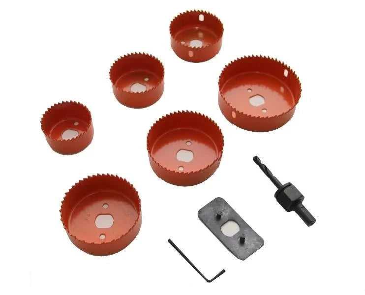 Cymate Hole Saw Set MS53754, 9-piece tool set featuring red hole saws, arbour and wrench for precise cutting in various materials.