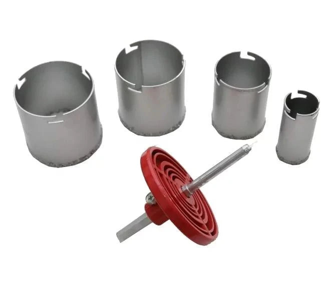 Hole Saw Set 4Pcs Carbide featuring four hole saws in sizes 33mm, 53mm, 67mm, and 73mm with a central drill arbor for easy installation, perfect for various cutting applications.