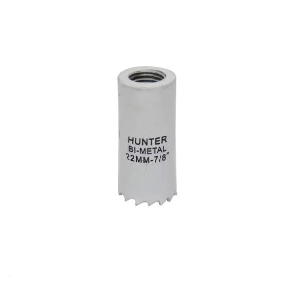 Hole Saw Huntar with a bi-metal design, showcasing a 22mm diameter and 7/8-inch size, ideal for precision drilling in various materials.