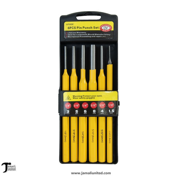 Punch Pin 6 Pcs Set 2232 displayed in packaging, showcasing six precision crafting pins with yellow grips suitable for leatherworking, fabric, and DIY projects.