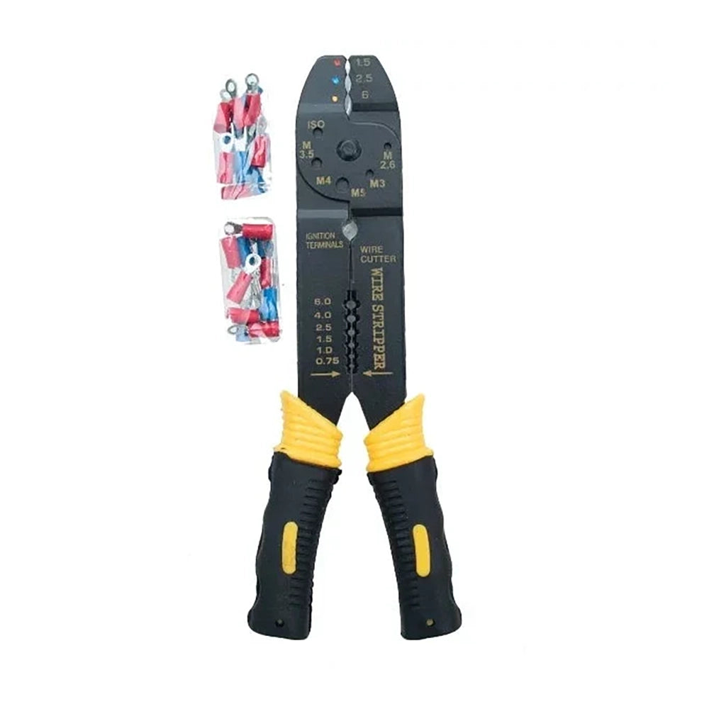 Crimping Tool with Lugs featuring ergonomic handles for comfortable grip, designed for precision crimping, includes various colored lugs for electrical connections.