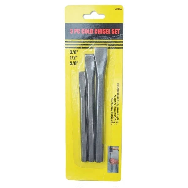 Chisel Cold 3pcs Set 2209 Flat showcased in packaging, featuring three chisels of sizes 3/8", 1/2", and 5/8" suitable for precision cold working applications.