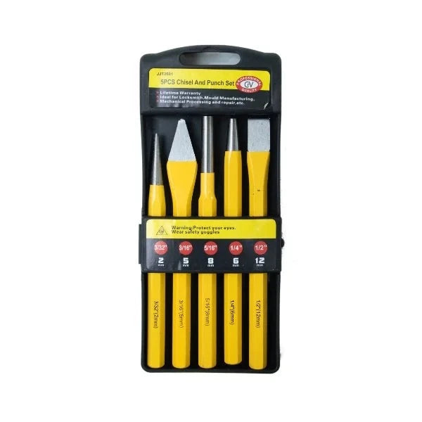 Image of the CHISEL COLD & CENTER PUNCH 5 PCS 2601 set displayed in a protective case, featuring various sizes of chisels and punches suitable for metalworking, woodwork, and masonry.
