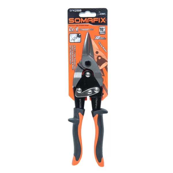 Tin Snip - STRAIGHT 10" SFK250B Somafix, showing durable construction and ergonomic design, ideal for cutting thin metal sheets and wires.
