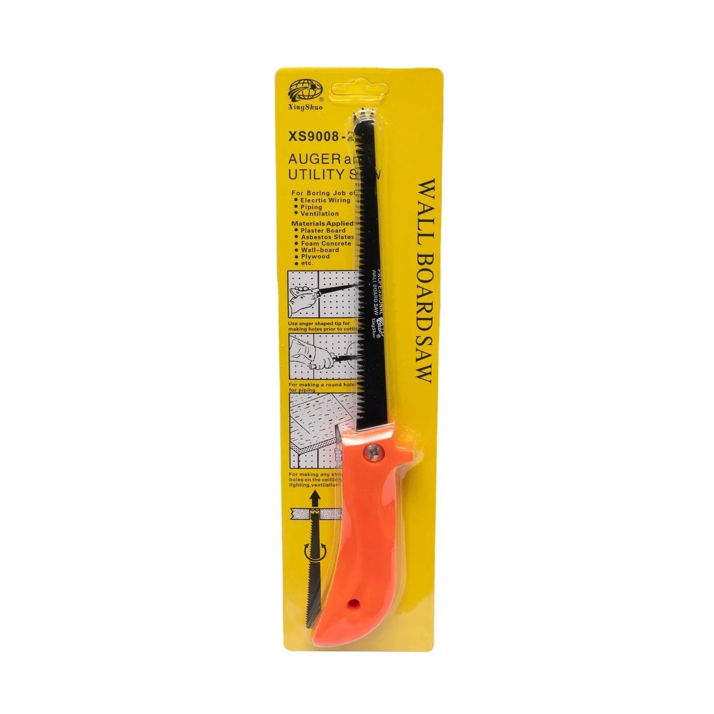 Hand Saw Decore XS-9064 Yellow Handle displayed in packaging, featuring a sharp blade and ergonomic design for precision cutting.