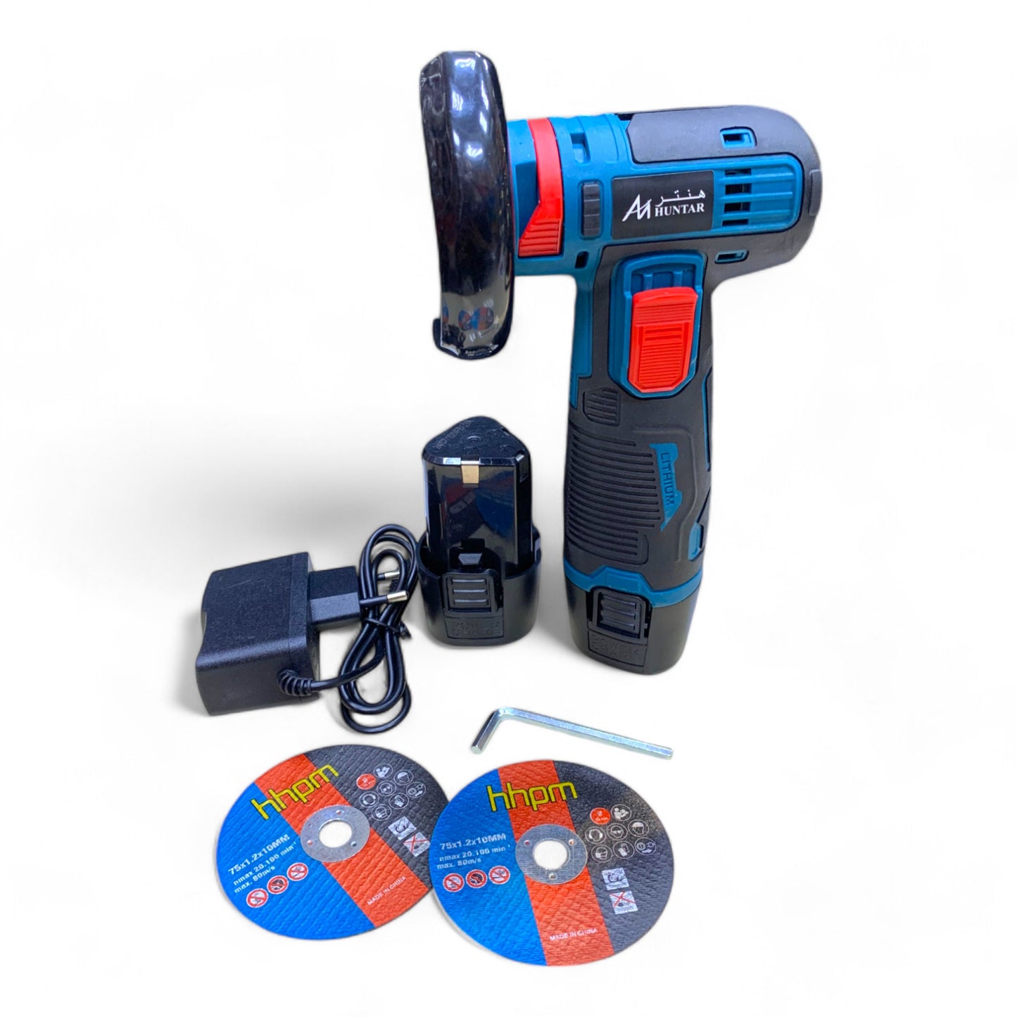 Cordless Grinder Mini 3" 12V MS531913 Huntar, featuring a compact design with battery, charger, and cutting discs, ideal for versatile grinding and shaping tasks.