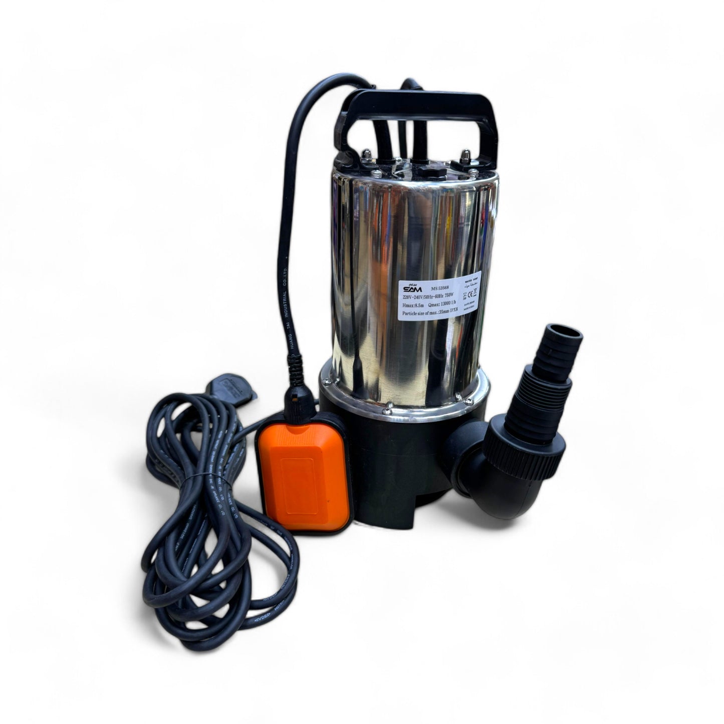 Water Pump Submersible Qds-750dw 1.0hp MS53568 SAM, high-efficiency water pump designed for irrigation and water features, featuring a durable design with a power cord and floating switch.