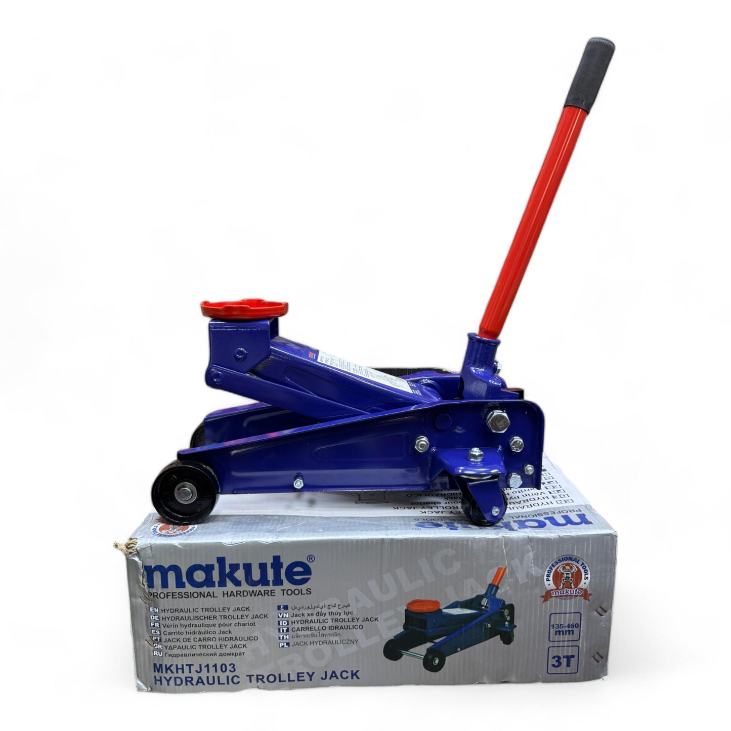 Car Jack Hydraulic 3-Ton Makute displayed on top of its packaging, showcasing its durable construction and single-piston design, ideal for lifting heavy loads.