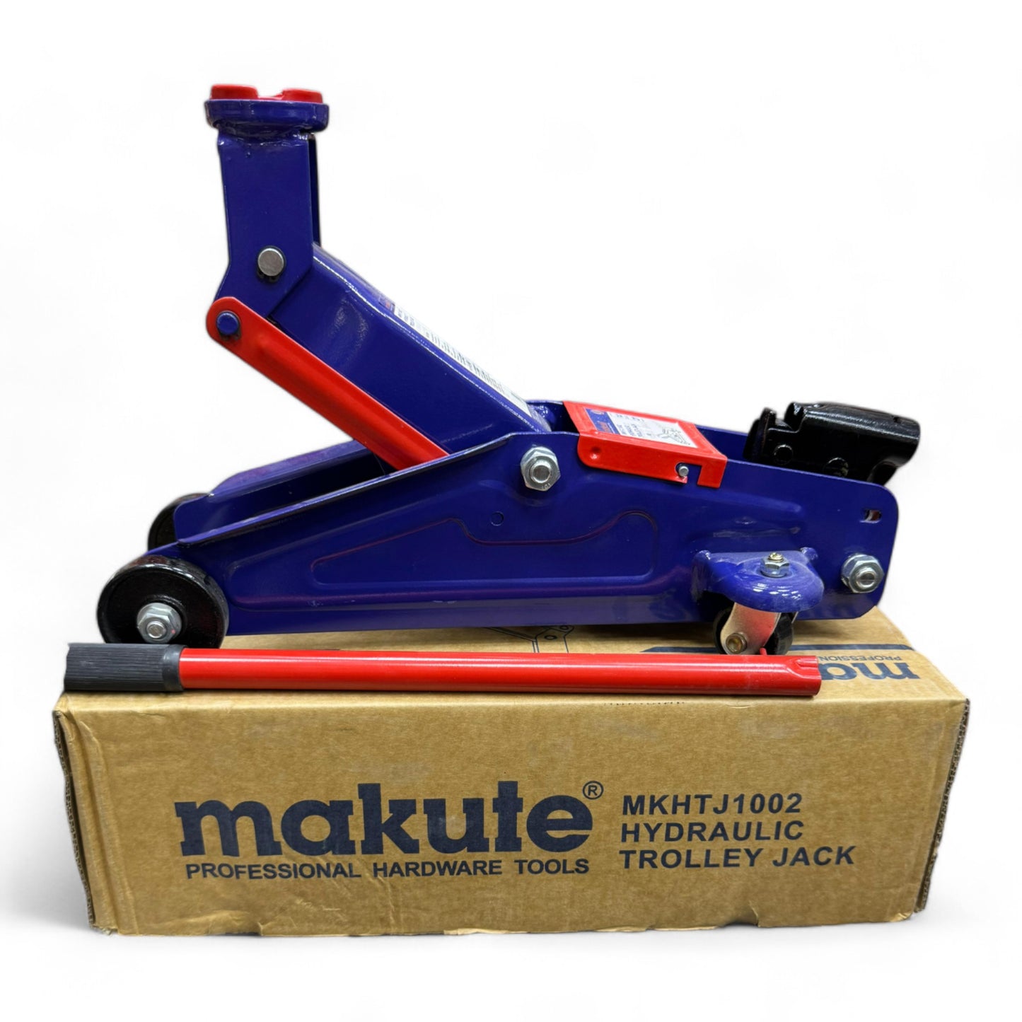 Car Jack Hydraulic 2 Ton Makute displayed alongside its packaging, showcasing heavy-duty design and innovative hydraulic technology, ideal for industrial lifting needs.