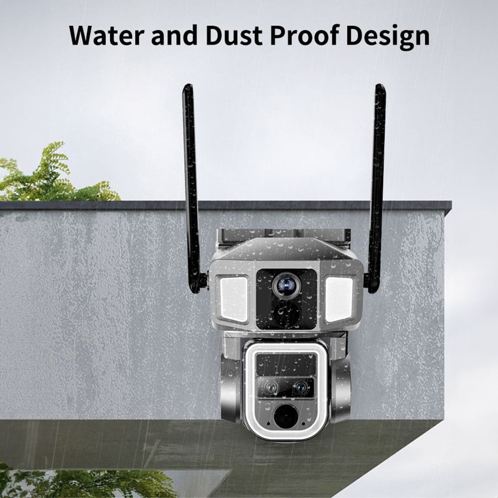 Camera Solar Triple Lens 4G & WIFI with a water and dust proof design, showcasing its outdoor durability and advanced technology for reliable use in various weather conditions.