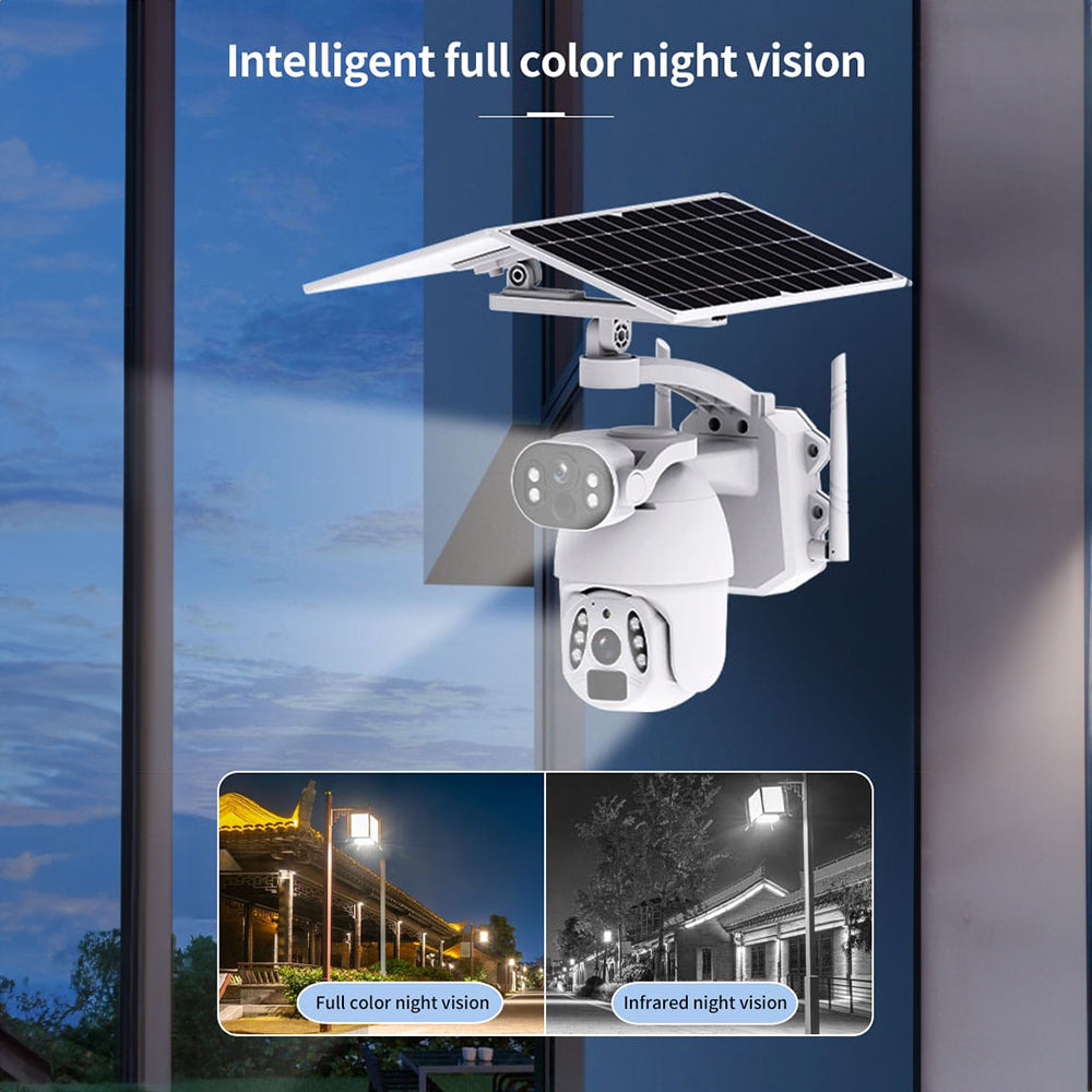 Camera Solar Double Panel Q6 featuring intelligent full color night vision and solar panel for enhanced outdoor surveillance.