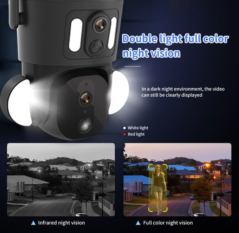 Camera Solar Double Lens 4G Q32 showcasing dual light night vision capabilities, featuring infrared night vision and full color night vision images.