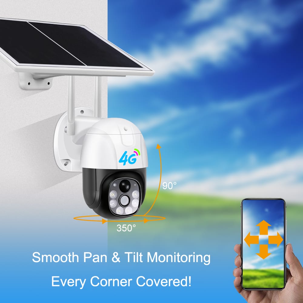 Camera Solar 4G V380 featuring solar panel and monitoring capabilities, demonstrating smooth pan and tilt functionality, perfect for comprehensive property surveillance.