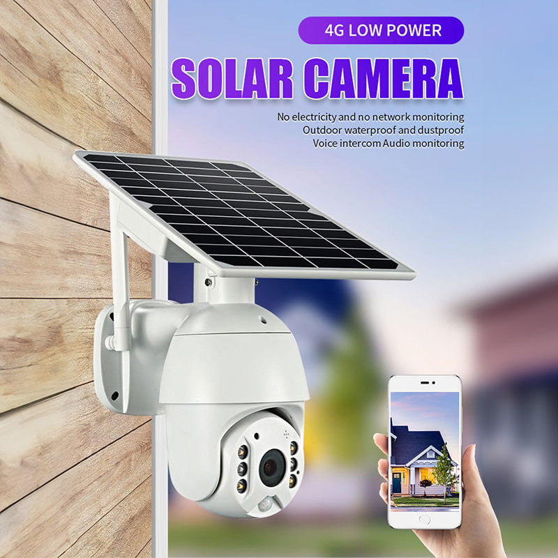 Camera Solar 4G mounted on a wall, featuring a solar panel for sustainable energy, designed for outdoor surveillance with capabilities such as night vision and motion detection.