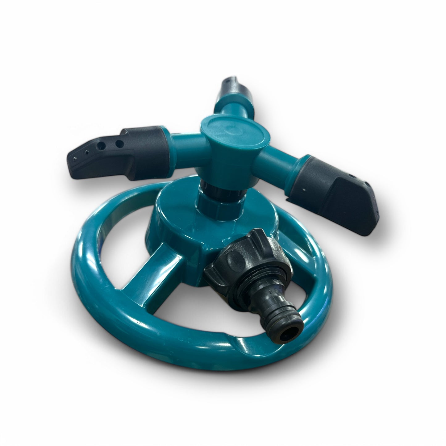 Garden Sprinkler MS53849 Round Stand Cymate showing a teal and black sprinkler design with adjustable spray options, emphasizing its durable construction and functionality for even water coverage in gardens.