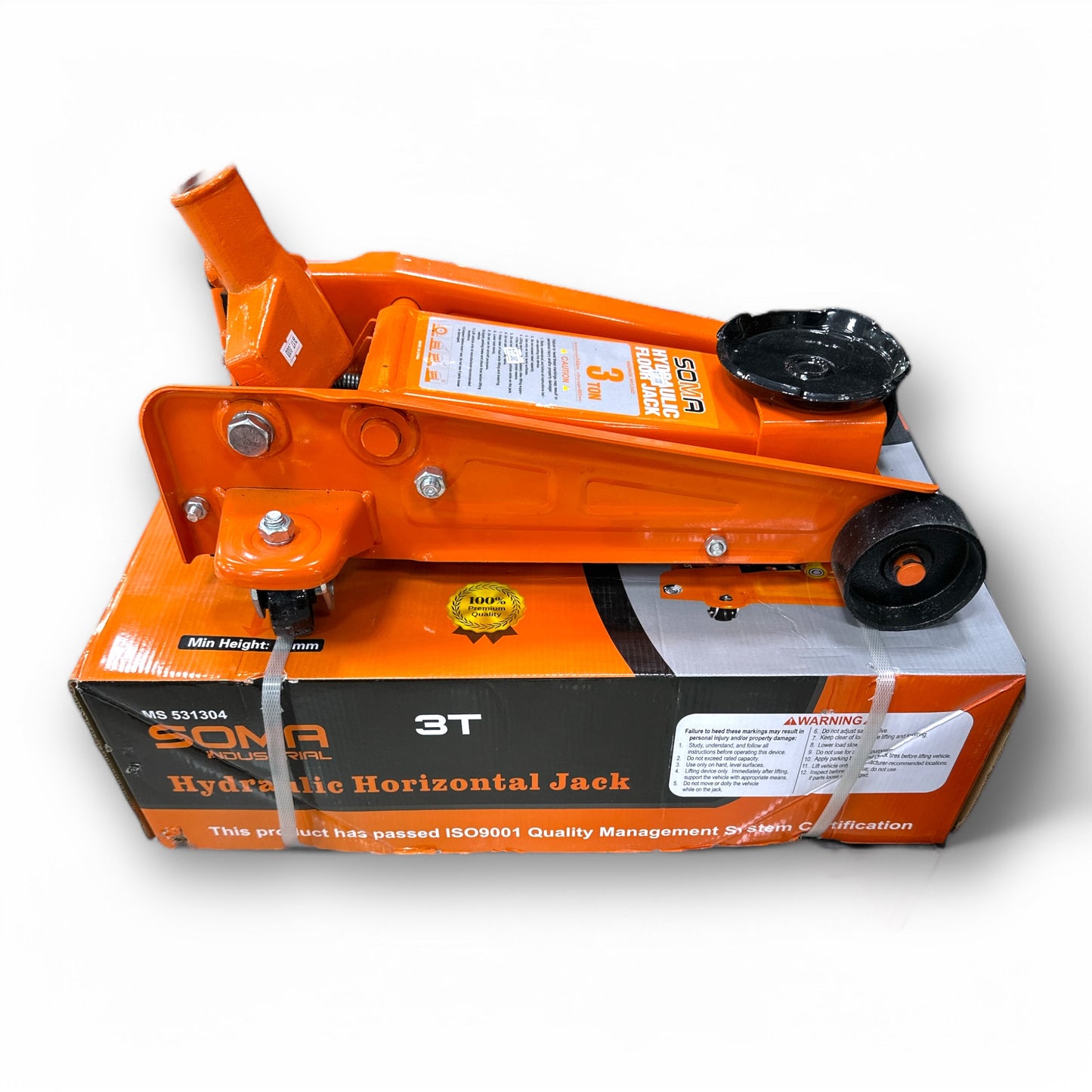 Somafix Hydraulic 3 Ton Car Jack displayed with its box, showcasing a durable and compact design for automotive lifting. Ideal for cars, trucks, and heavy equipment, this jack emphasizes safety, ease of use, and portability.