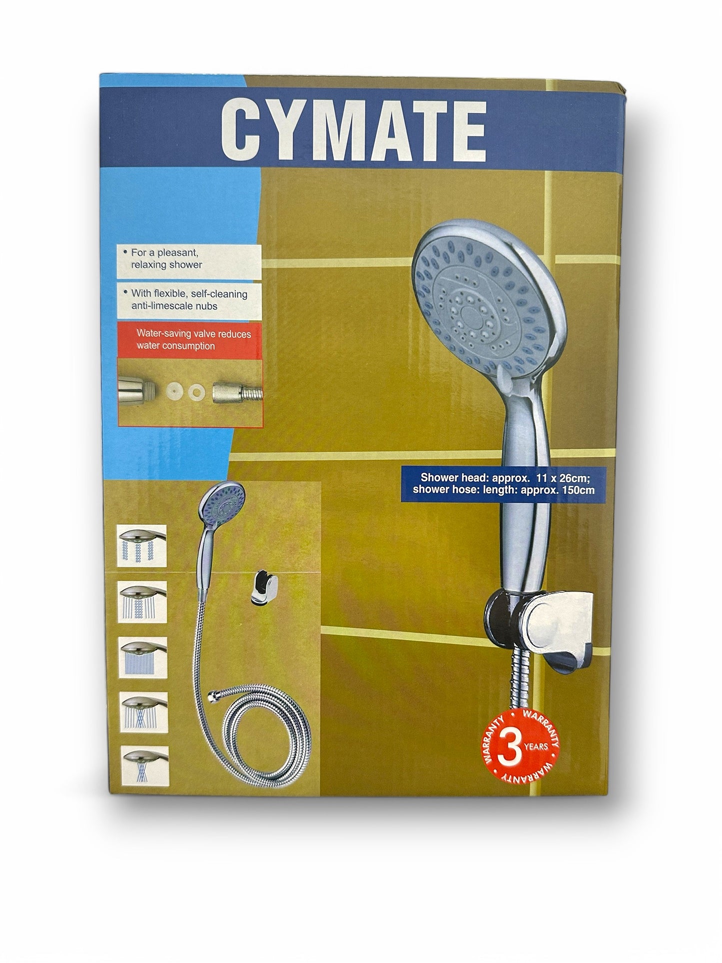 Cymate MS 531809 shower head with hose packaging showcasing product dimensions and features, designed for an enhanced shower experience.
