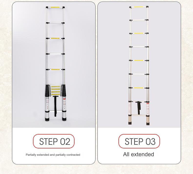Aluminum Telescopic Ladder Soma partially extended and fully extended, illustrating its functionality for various tasks and heights.