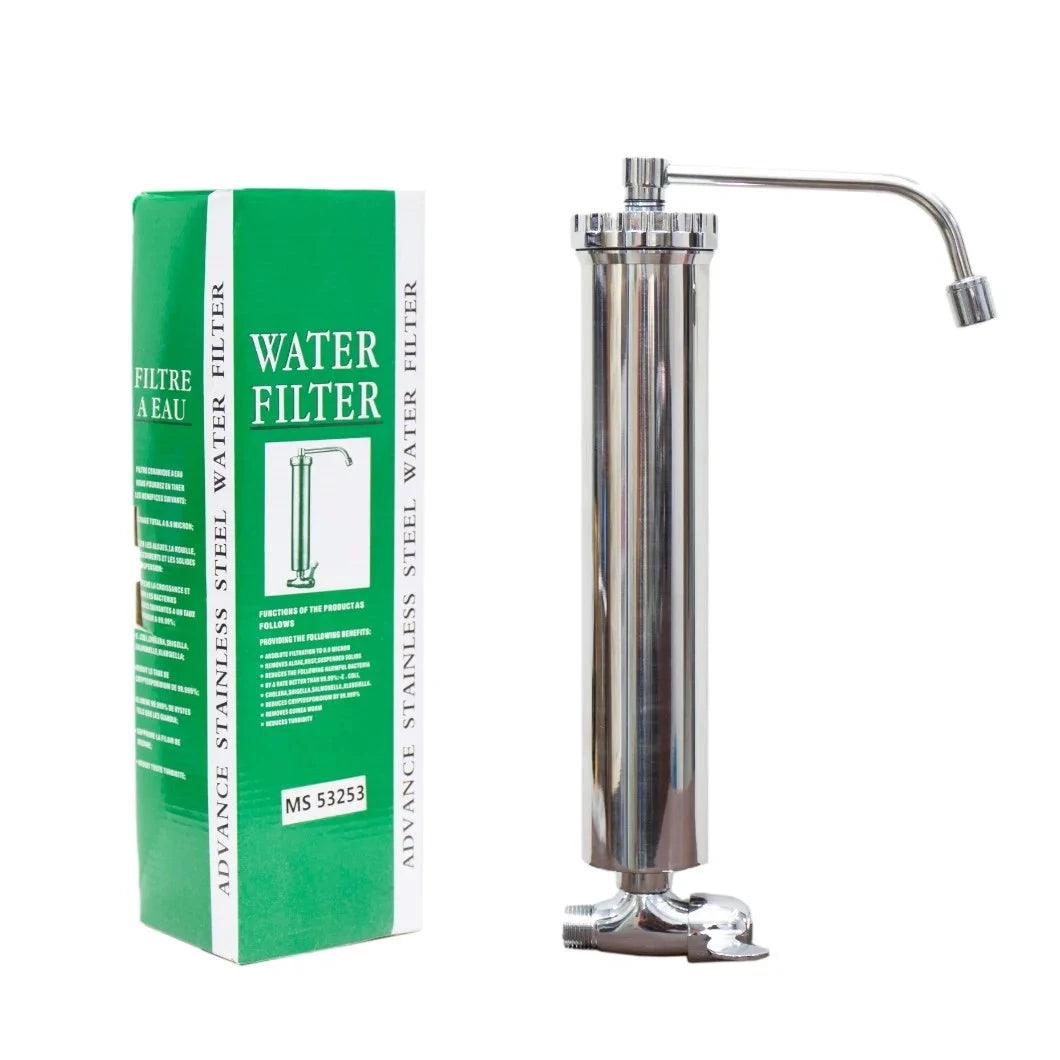 Filter Set 10" Stainless Steel MS53253 with packaging, showcasing its durable design and water filtration capabilities.
