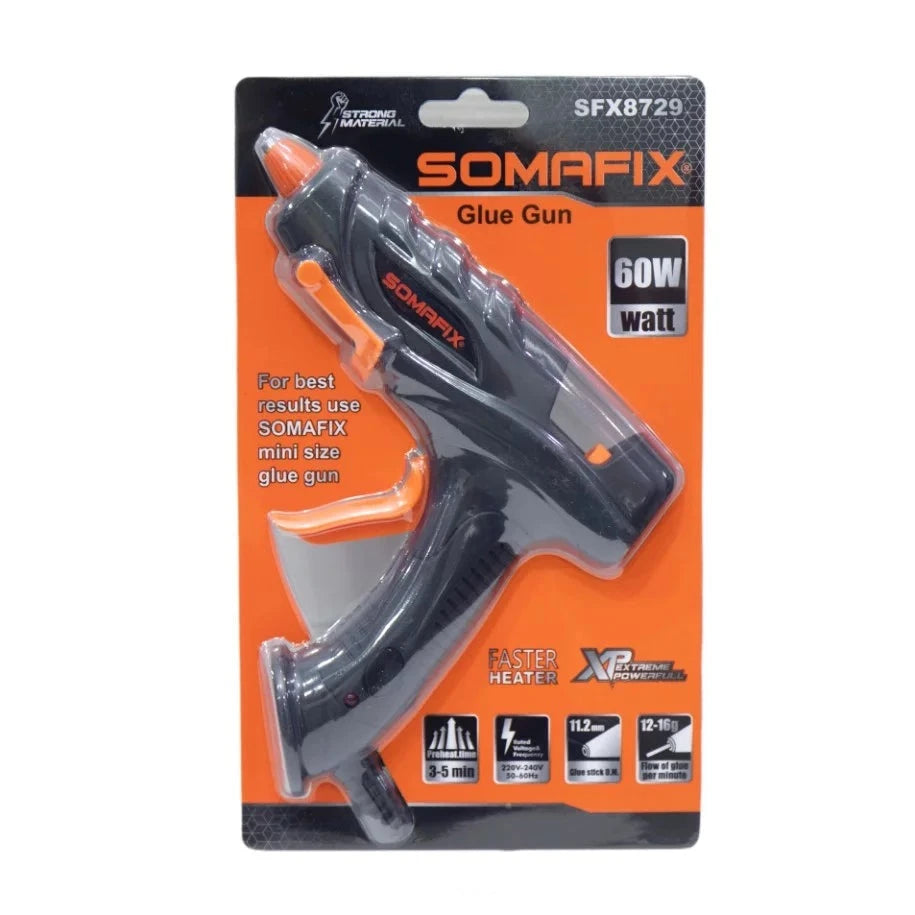 Glue Gun Somafix professional tool packaging featuring a sleek design, highlighting its 60W power and quick heating capabilities, ideal for DIY projects and professional use.