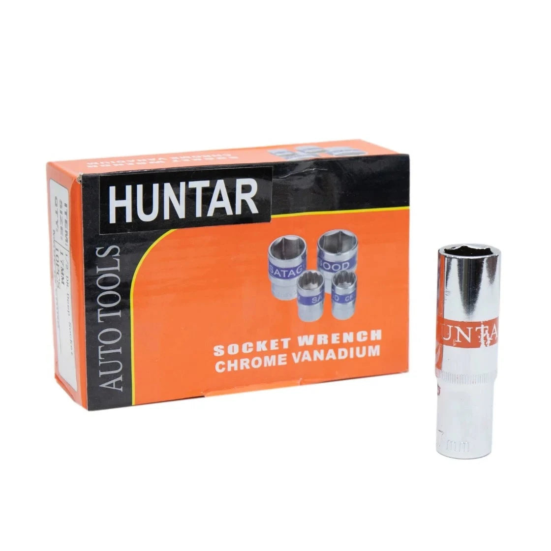 Socket Deep 1/2" Dr Huntar displayed alongside its packaging, showcasing the chrome vanadium construction and suitability for a variety of automotive and machinery tasks.
