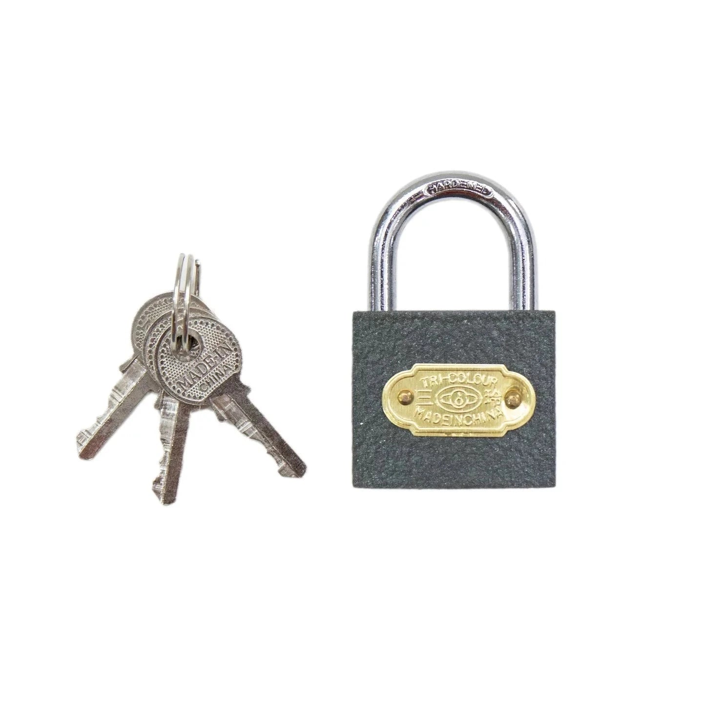 Pad Lock Grey with three keys, showcasing a sleek design and durable construction, ideal for securing belongings.