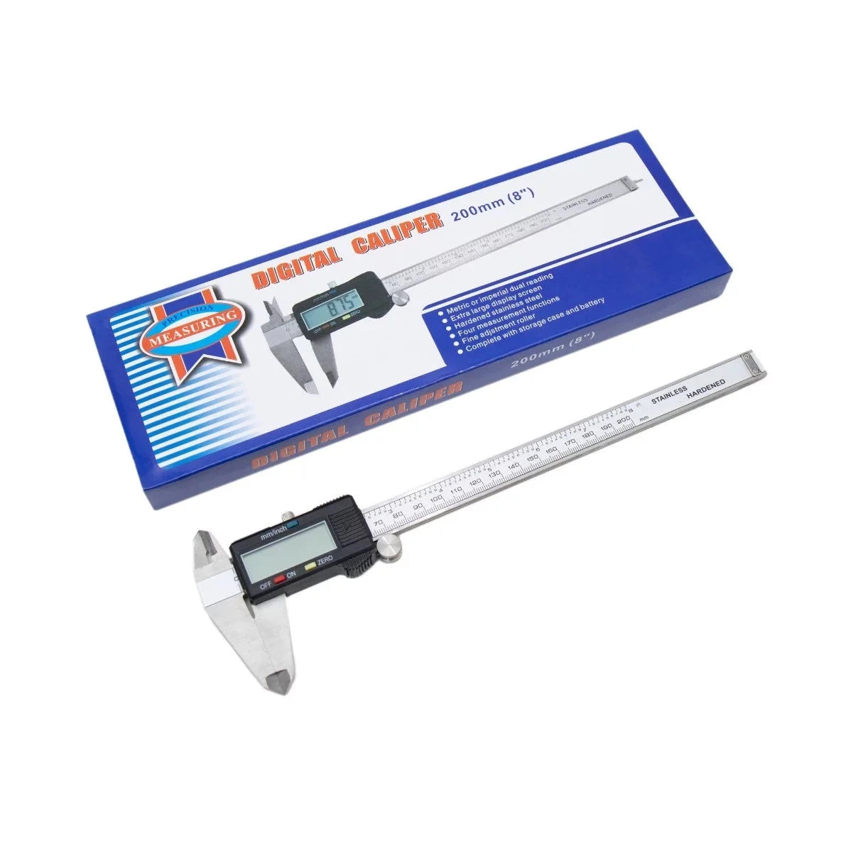 Caliper Digital in packaging showcasing a high-quality digital caliper with easy-to-read display for precise measurements, ideal for various applications such as woodworking and metalworking.