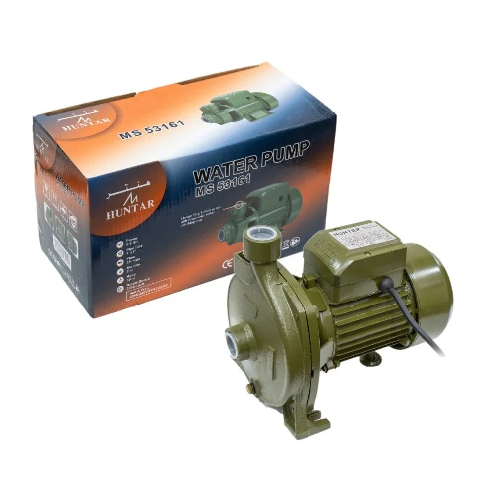Water Pump 1 HP Green MS53151 Huntar featuring a powerful motor and durable design, packaged in an illustrated box, ideal for heavy-duty water transfer applications.