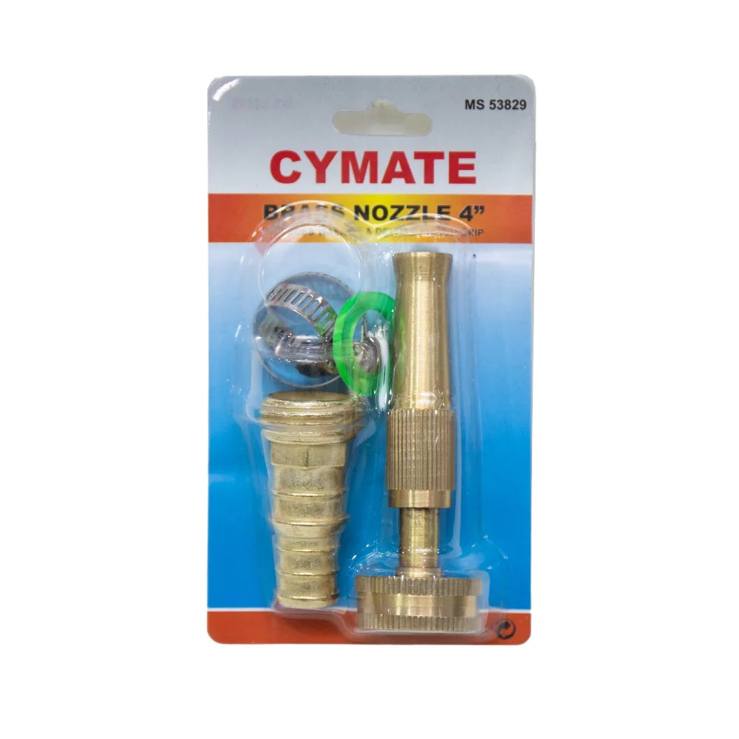 Garden Sprayer Brass 4pcs Set Cymate packaging featuring robust hose, ergonomic nozzle, and connectors for effective garden maintenance.