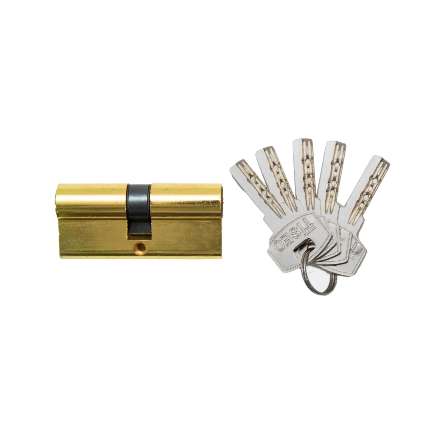 Cylinder Security Tiseo 70mm Gold lock with five keys, showcasing its professional-grade design for enhanced security.