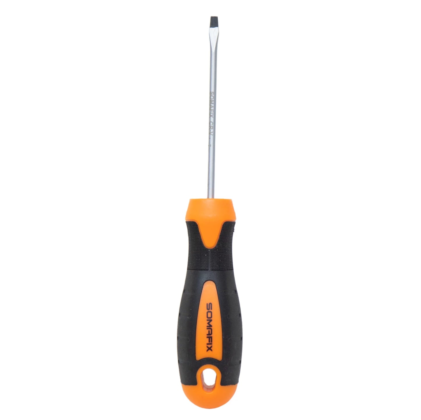 Screwdriver 3mm x 75mm - 3" Flat SFX4070 Somafix featuring a black and orange ergonomic handle, designed for durability and precision.