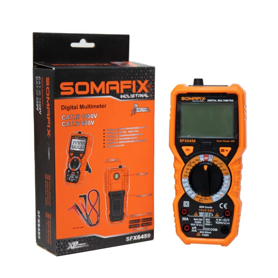 Digital Multimeter SFX6459 Somafix displayed with packaging, featuring a user-friendly interface and advanced electrical measurement capabilities