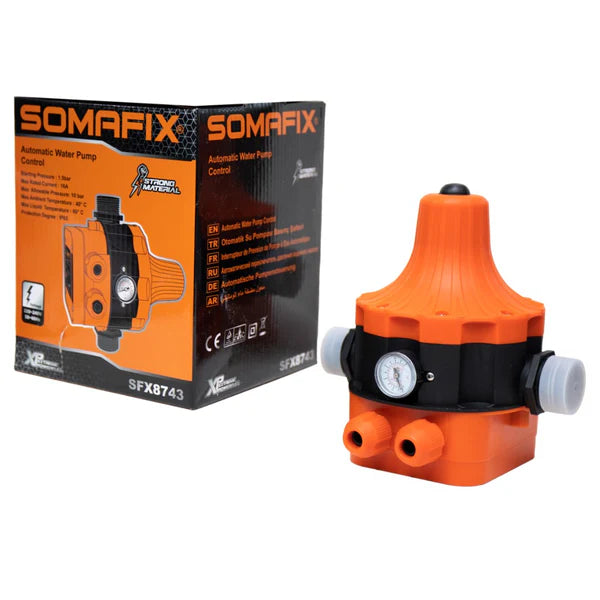 Water Pump Automatic Watch SFX8743 Somafix, featuring an orange and black design with a pressure gauge, ideal for efficient water control.