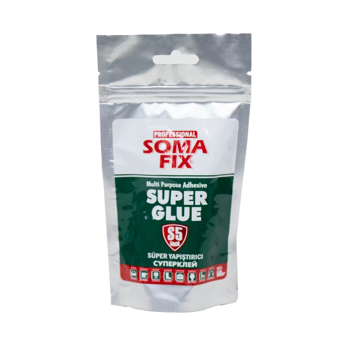 Super Glue 50g S5 Somafix packaging showcasing a multi-purpose adhesive for strong bonding applications.