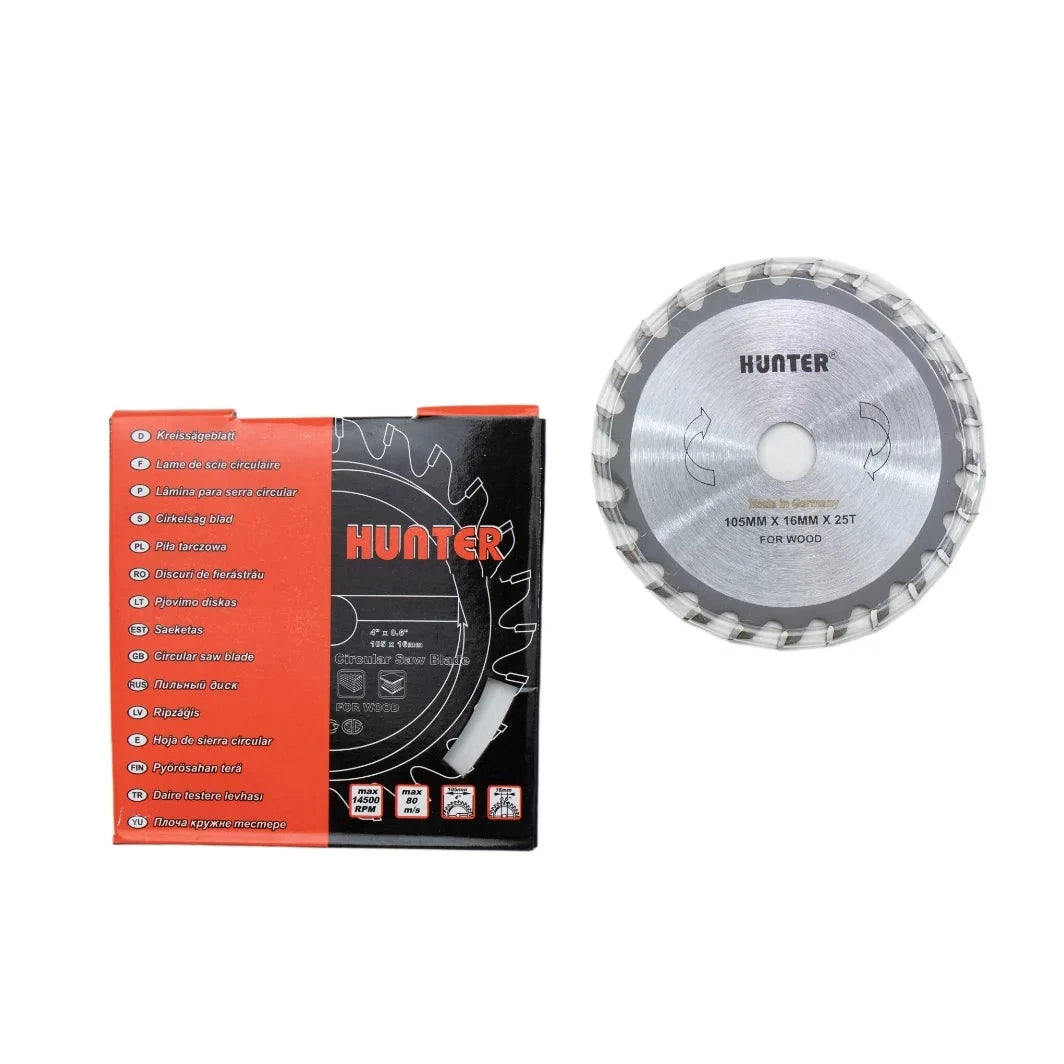 CIRCULAR SAW BLADE HUNTAR displayed with its packaging. Features a high-quality design suitable for cutting wood, showcasing the blade dimensions and manufacturer's details.