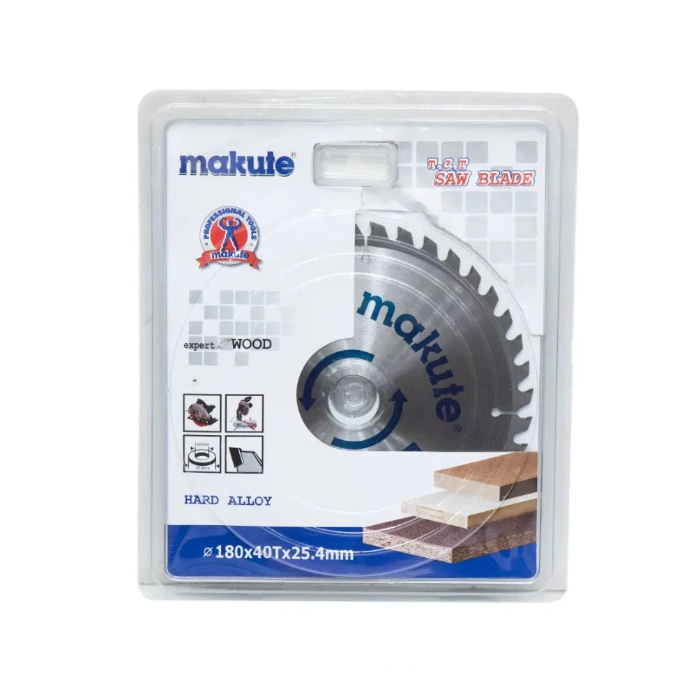 Front view of Circular Saw Blade Makute in its packaging, highlighting the specifications and features for clean and efficient cutting in various materials.