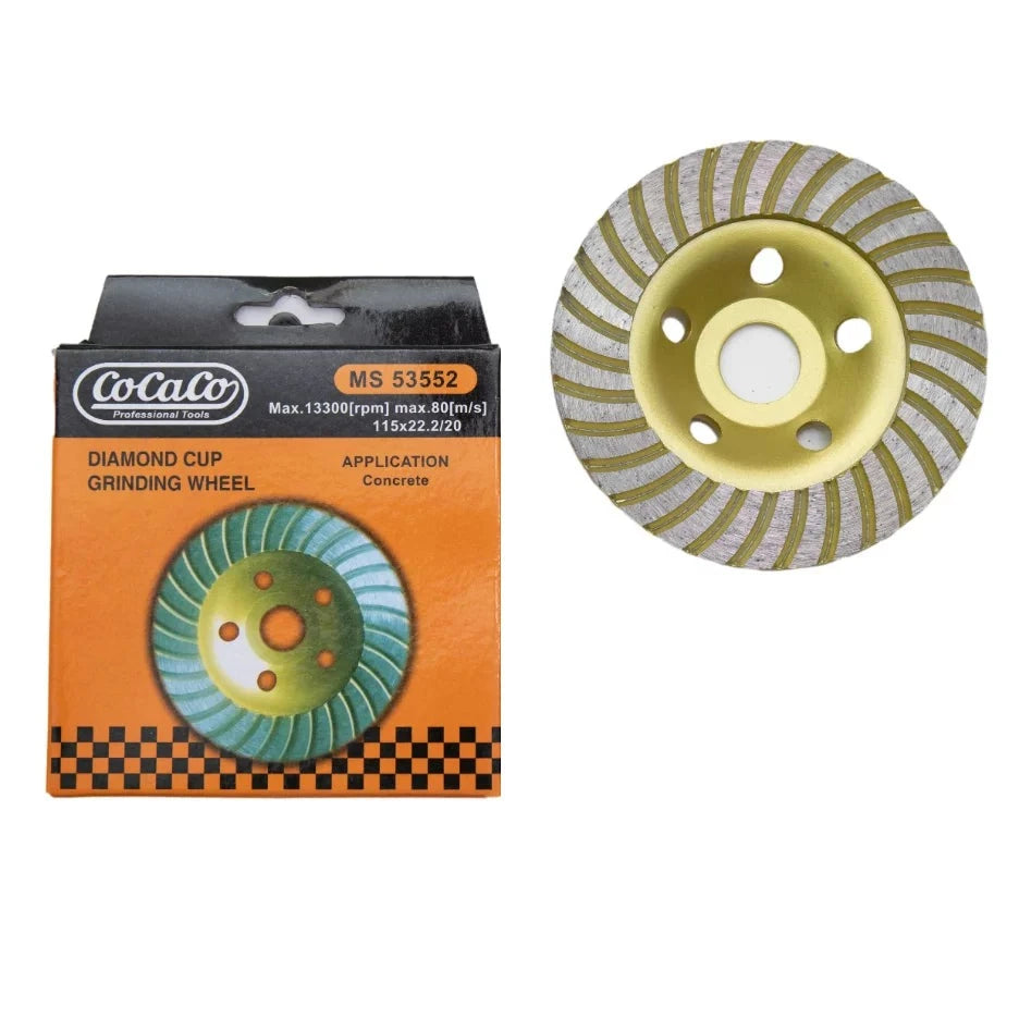 Diamond Cup Wheel 4.5" Single Row MS53552 by Cocaco, featuring a unique design for efficient grinding and shaping of concrete and masonry materials, displayed next to its packaging.