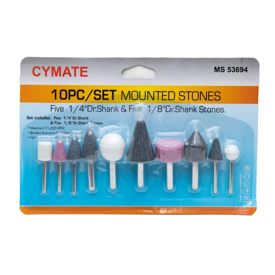 Mounting Stone 10pcs Set MS53694 Cymate featuring five 1/4" Dr. Shank and five 1/8" Dr. Shank precision-cut mounted stones in a variety of shapes and colors, designed for enhanced efficiency and accuracy in professional applications.