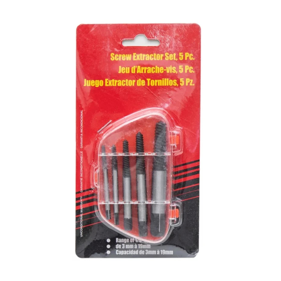Screw Extractor 5pcs Set Threader displayed in packaging, featuring five precision screw extractors suitable for removing stripped, rusted, or painted screws.