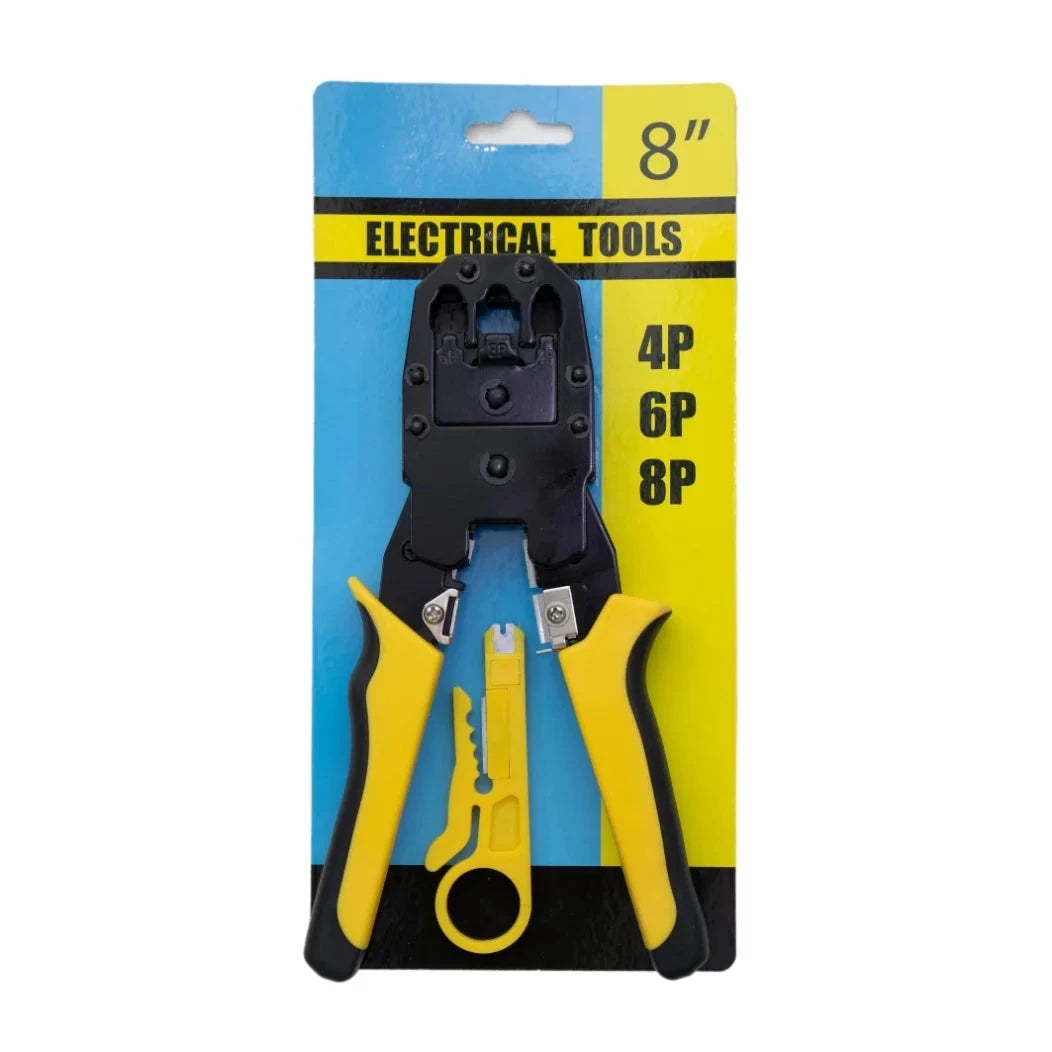 Wire Stripper Crimper H/D Networking 4P, 6P, 8P displayed on packaging, showcasing an 8-inch electrical tool designed for heavy-duty networking applications.