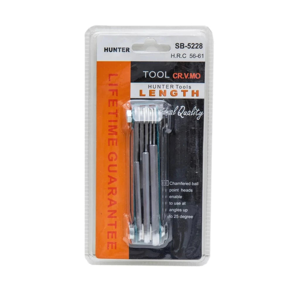 Allen Key Folding 8 Pcs Flat Hunter tool set displayed in packaging, showcasing its lightweight and compact design ideal for various fastening tasks.