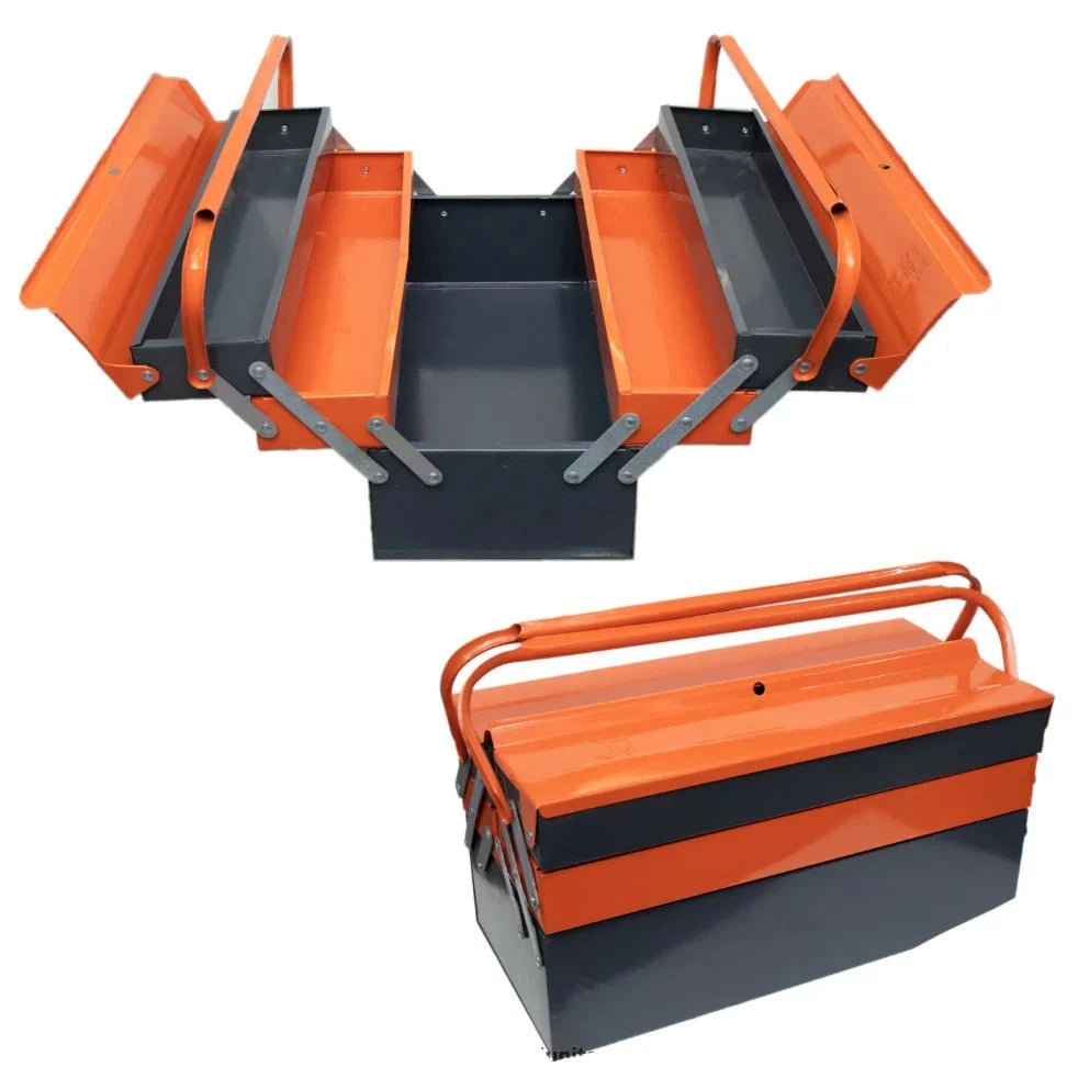 Heavy Duty Tool Box Metal Color H/D-17" in vibrant orange and grey with multiple tool compartments, ideal for organizing tools for DIY enthusiasts and professionals.