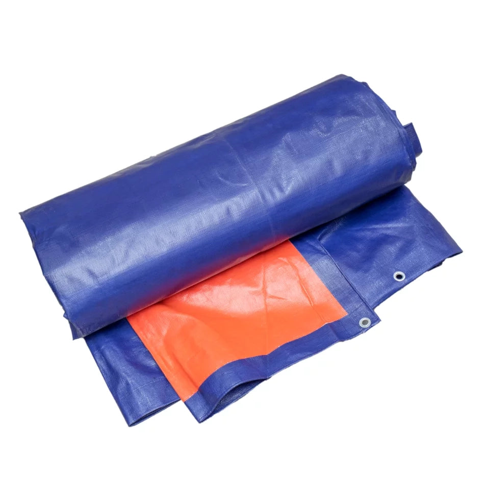 Tarpaulin Orange/Blue 200GSM Huntar rolled and partially unrolled showcasing its waterproof and tear-resistant material, ideal for outdoor protection.