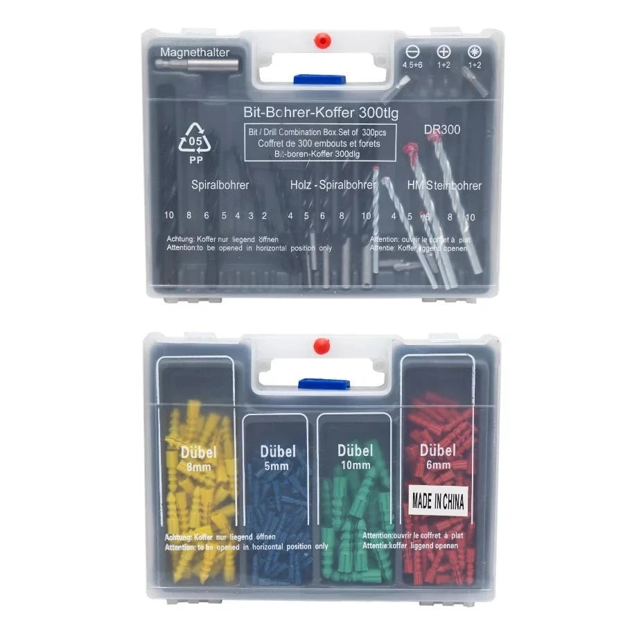 Combination Drill Bit 300pcs set displayed in a clear storage box, showcasing various drill bits and accessories suitable for woodworking, metalworking, and plastic drilling.